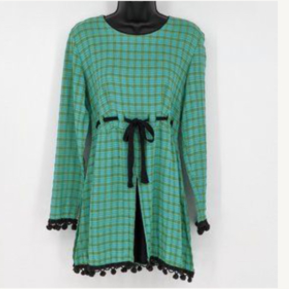 Studio C Vintage Green Blue Plaid Pom Pom Dress 10
